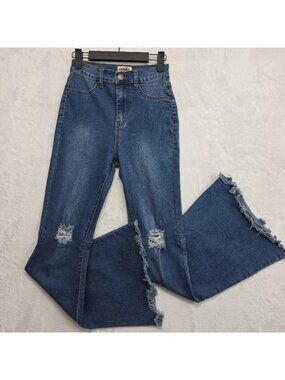 Denim BLVD Juniors High Rise Raw Frayed Bell Bottom Flare Jeans Sz 3 Distressed